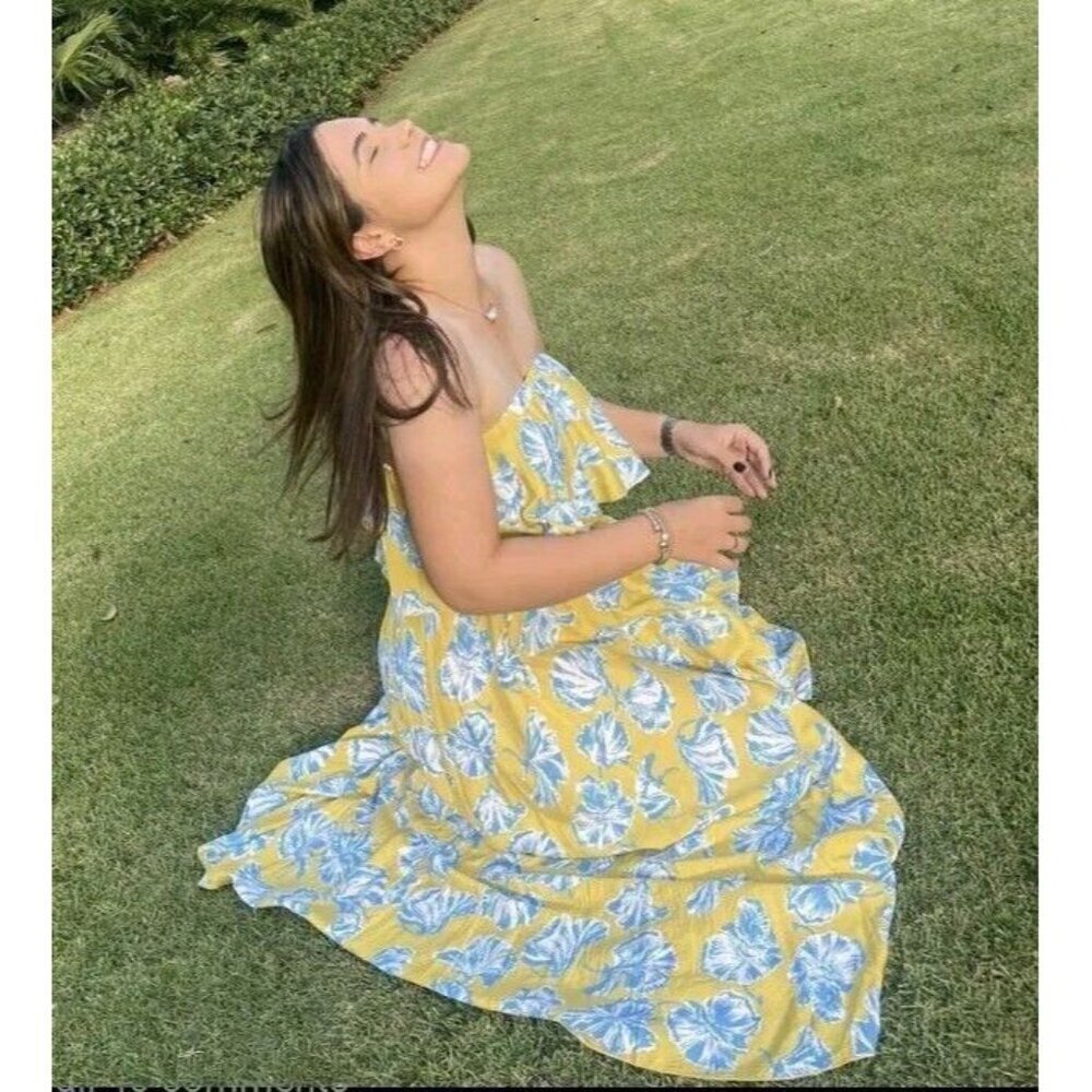 Lulus L Love Boldly Yellow Floral Print Strapless Maxi Dress High Slit Tropical - Picture 4 of 15